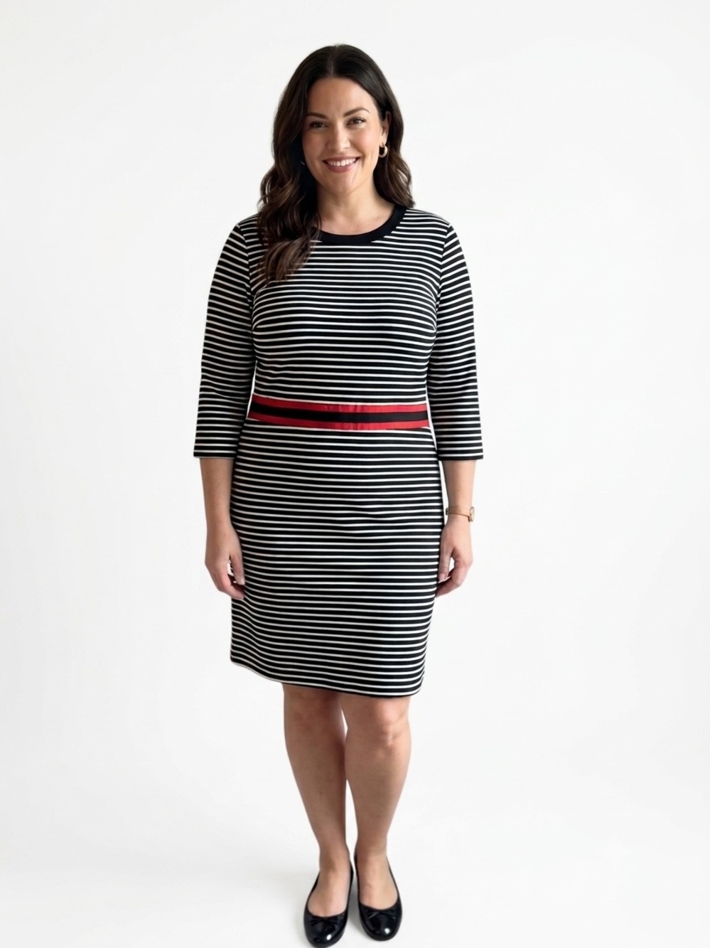 Draper James Black & White Striped Dress with Red Waist Detail - Size XXL
